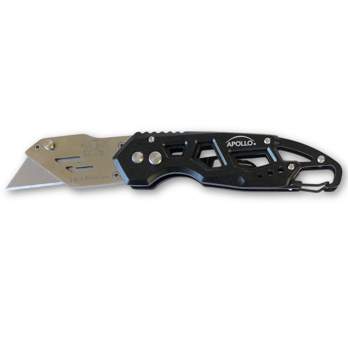 Ergonomic Stainless Steel, Lightweight, Foldable Black Utility Knife with Carabiner Clip and Fast-Change Blade - DT5017 - Prop and Piston