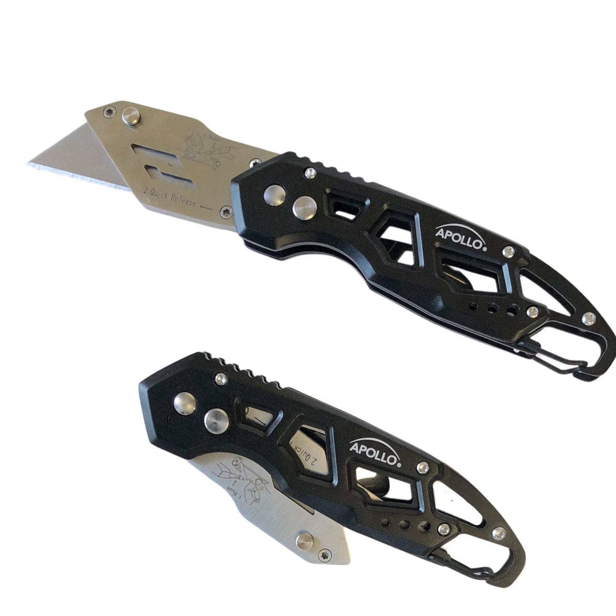 Ergonomic Stainless Steel, Lightweight, Foldable Black Utility Knife with Carabiner Clip and Fast-Change Blade - DT5017 - Prop and Piston