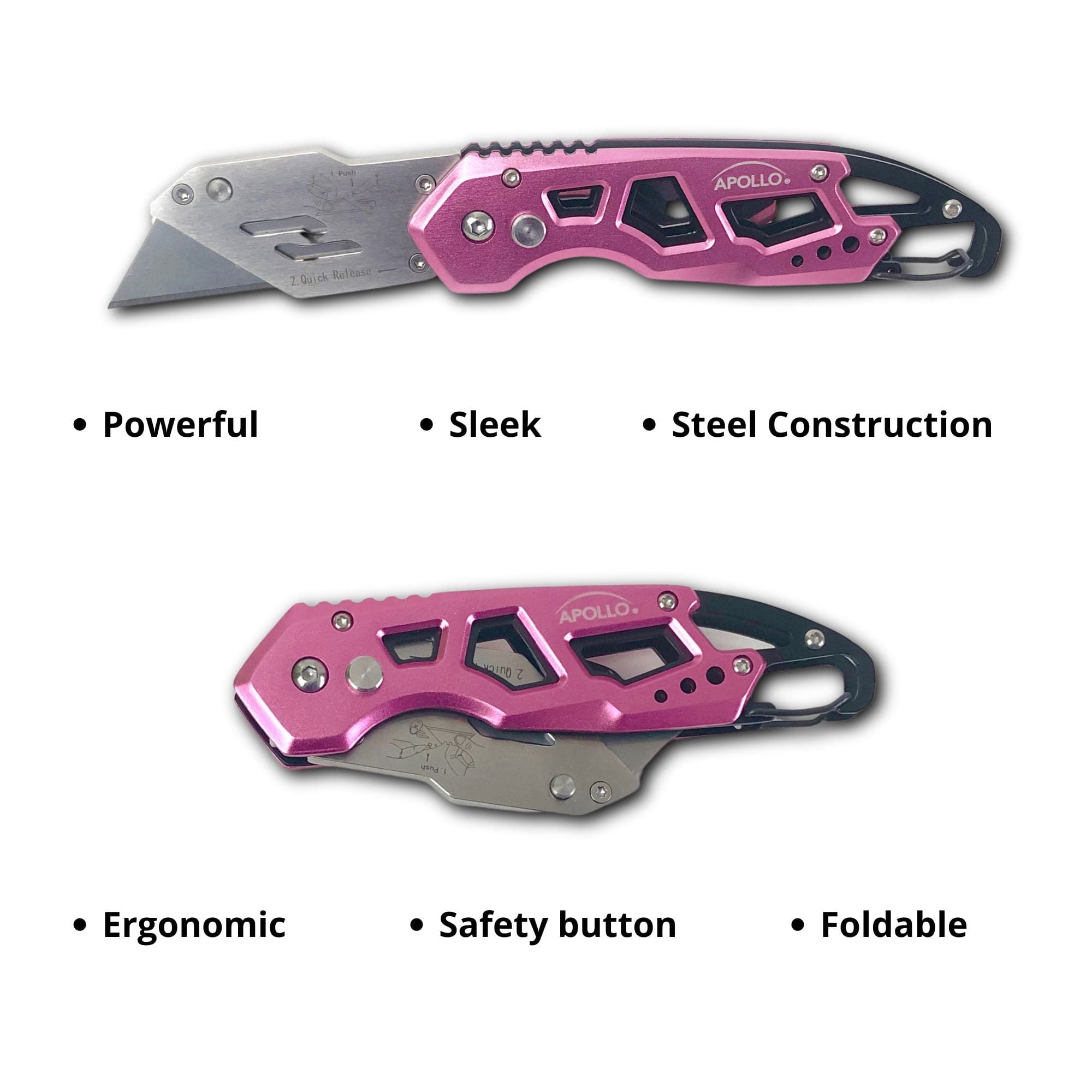 Ergonomic Stainless Steel, Lightweight, Foldable Pink Utility Knife with Carabiner Clip and Fast-Change Blade - DT5017P - Prop and Piston