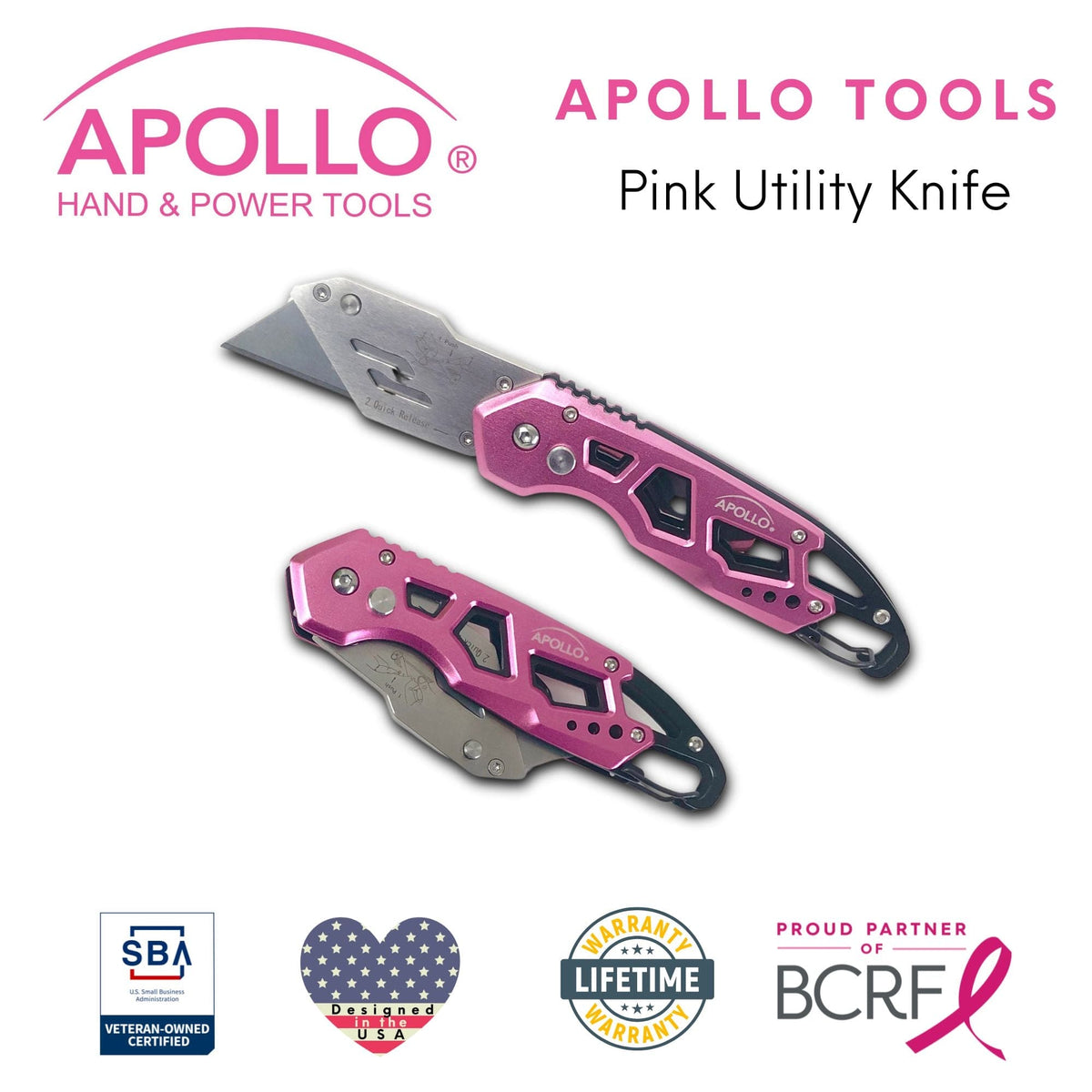 Ergonomic Stainless Steel, Lightweight, Foldable Pink Utility Knife with Carabiner Clip and Fast-Change Blade - DT5017P - Prop and Piston