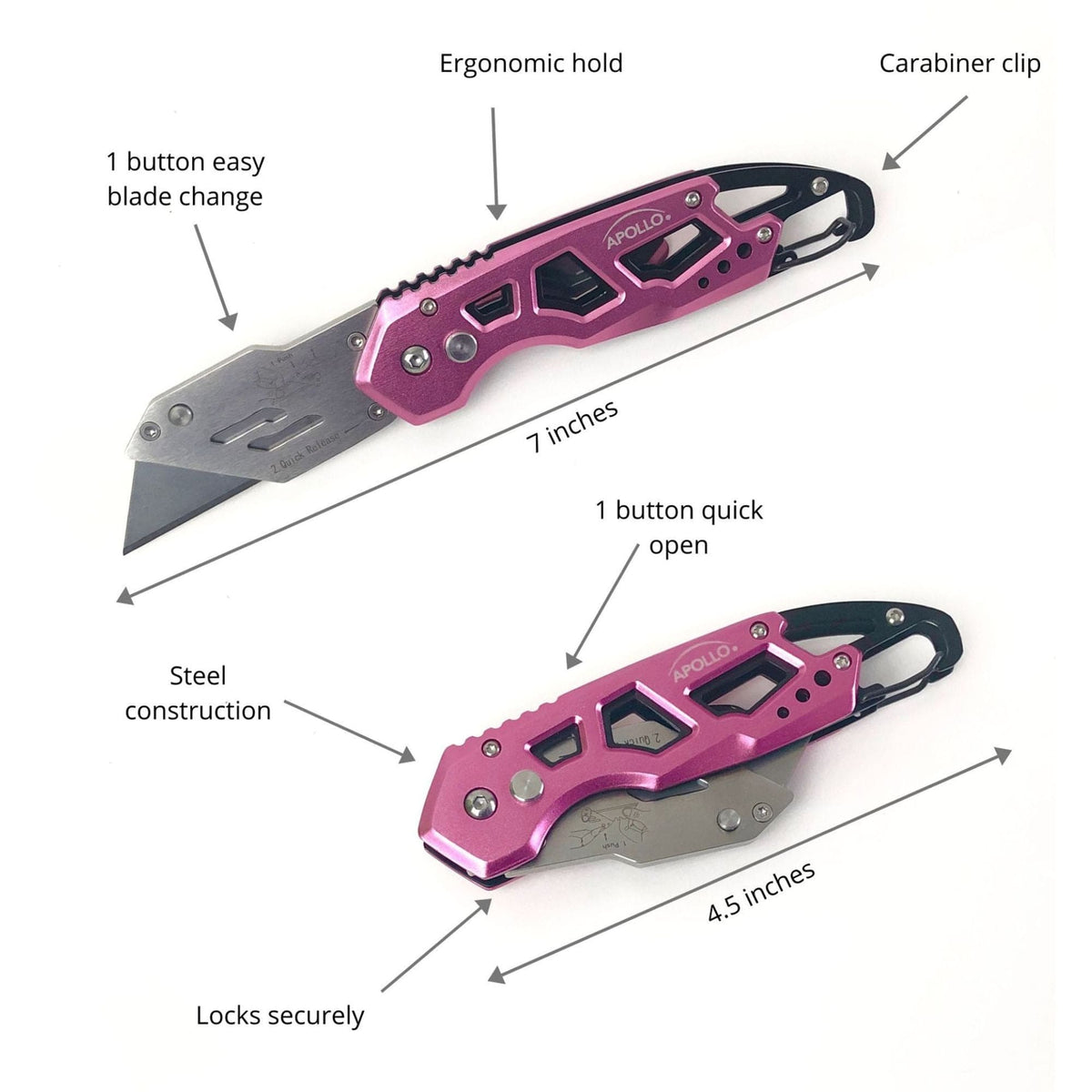 Ergonomic Stainless Steel, Lightweight, Foldable Pink Utility Knife with Carabiner Clip and Fast-Change Blade - DT5017P - Prop and Piston