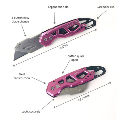 Ergonomic Stainless Steel, Lightweight, Foldable Pink Utility Knife with Carabiner Clip and Fast-Change Blade - DT5017P - Prop and Piston