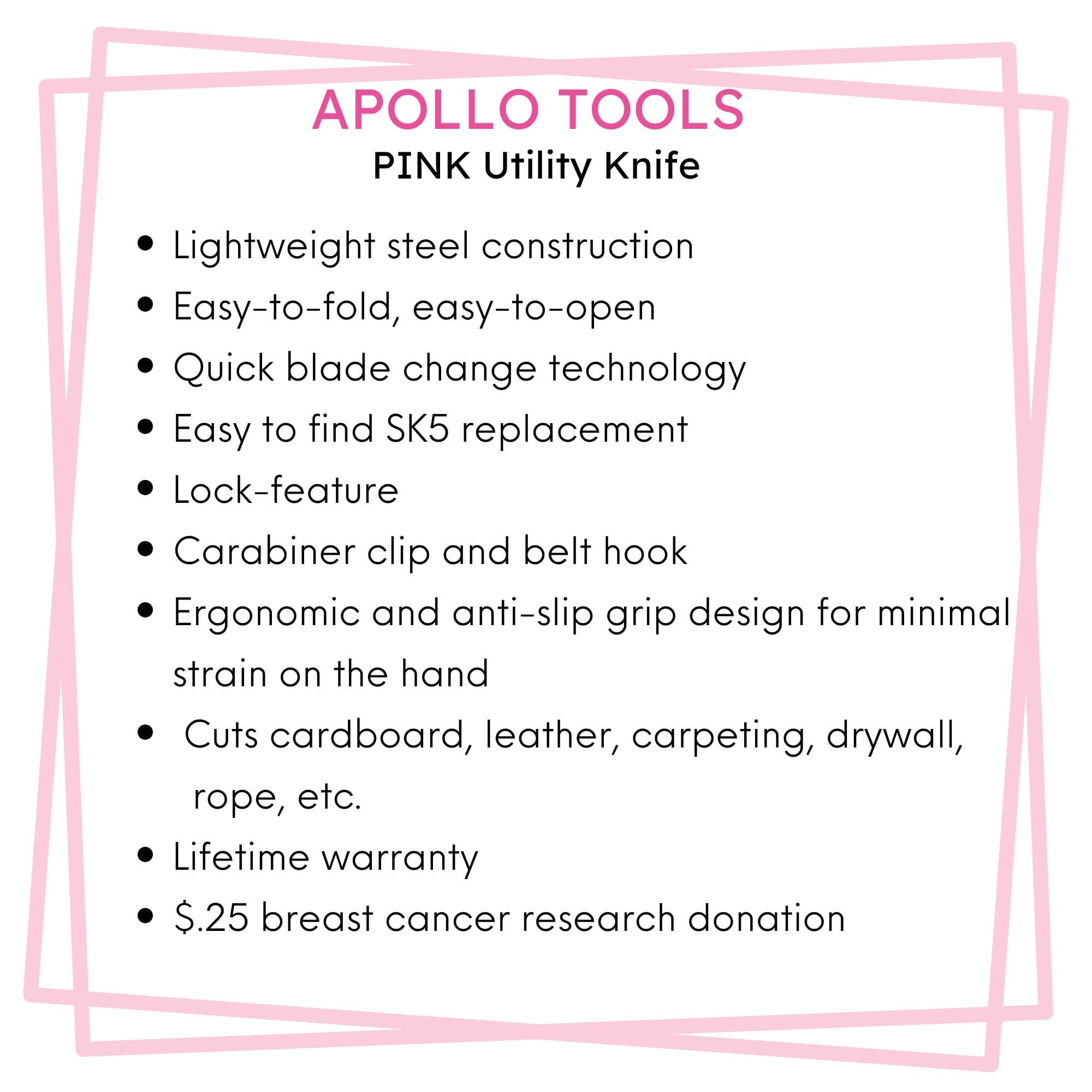 Ergonomic Stainless Steel, Lightweight, Foldable Pink Utility Knife with Carabiner Clip and Fast-Change Blade - DT5017P - Prop and Piston
