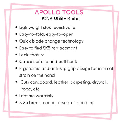 Ergonomic Stainless Steel, Lightweight, Foldable Pink Utility Knife with Carabiner Clip and Fast-Change Blade - DT5017P - Prop and Piston