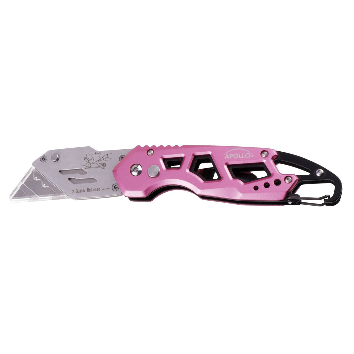 Ergonomic Stainless Steel, Lightweight, Foldable Pink Utility Knife with Carabiner Clip and Fast-Change Blade - DT5017P - Prop and Piston