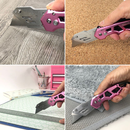 Ergonomic Stainless Steel, Lightweight, Foldable Pink Utility Knife with Carabiner Clip and Fast-Change Blade - DT5017P - Prop and Piston