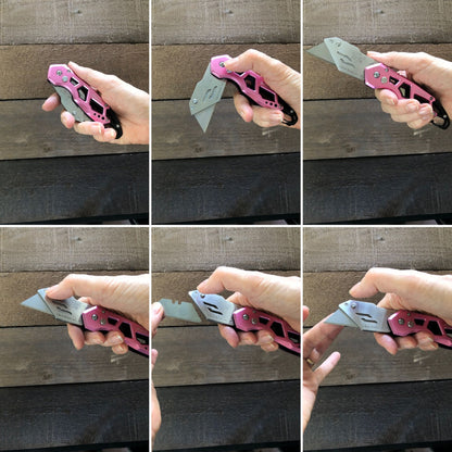 Ergonomic Stainless Steel, Lightweight, Foldable Pink Utility Knife with Carabiner Clip and Fast-Change Blade - DT5017P - Prop and Piston