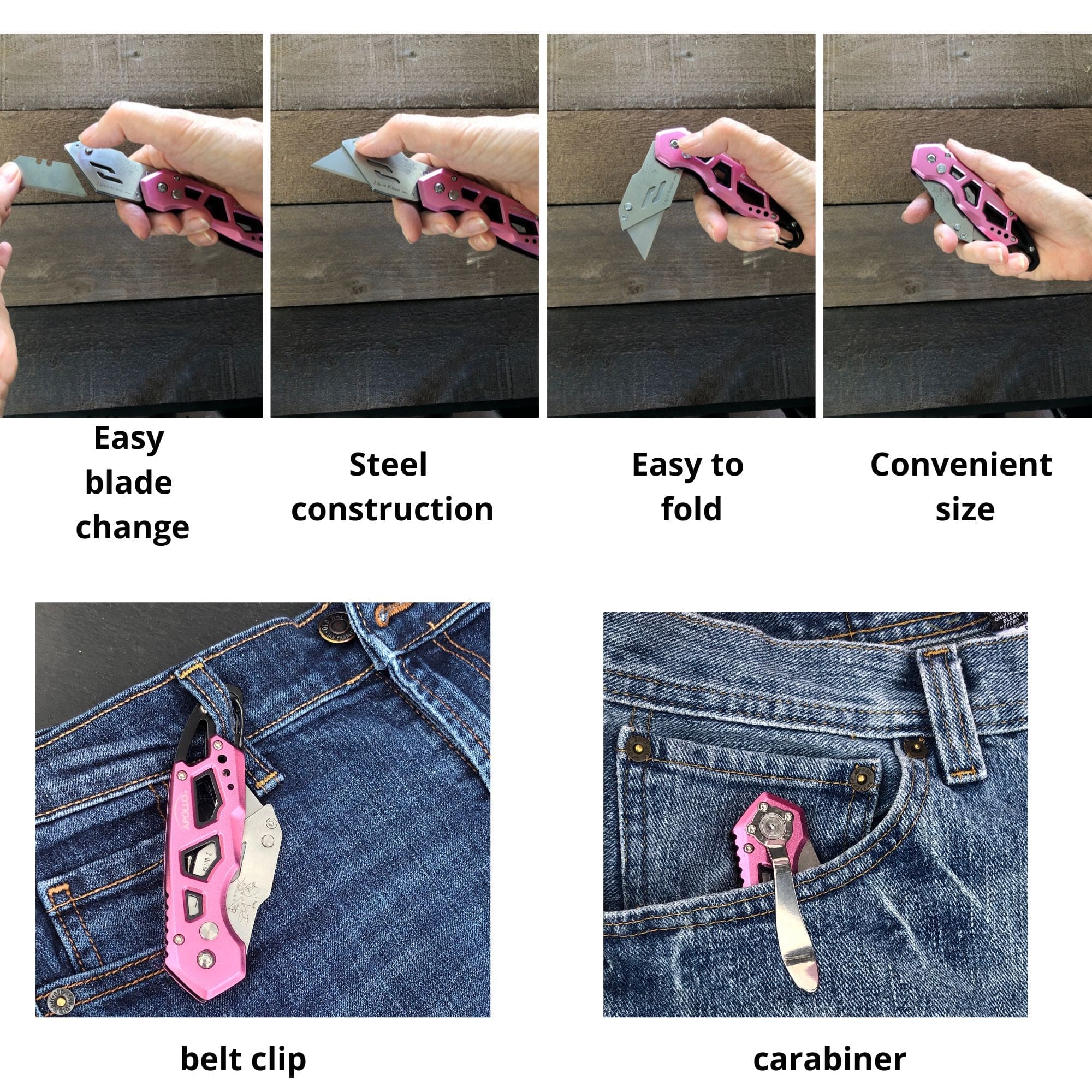 Ergonomic Stainless Steel, Lightweight, Foldable Pink Utility Knife with Carabiner Clip and Fast-Change Blade - DT5017P - Prop and Piston