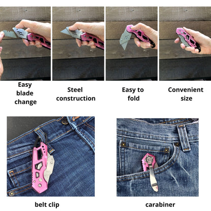 Ergonomic Stainless Steel, Lightweight, Foldable Pink Utility Knife with Carabiner Clip and Fast-Change Blade - DT5017P - Prop and Piston