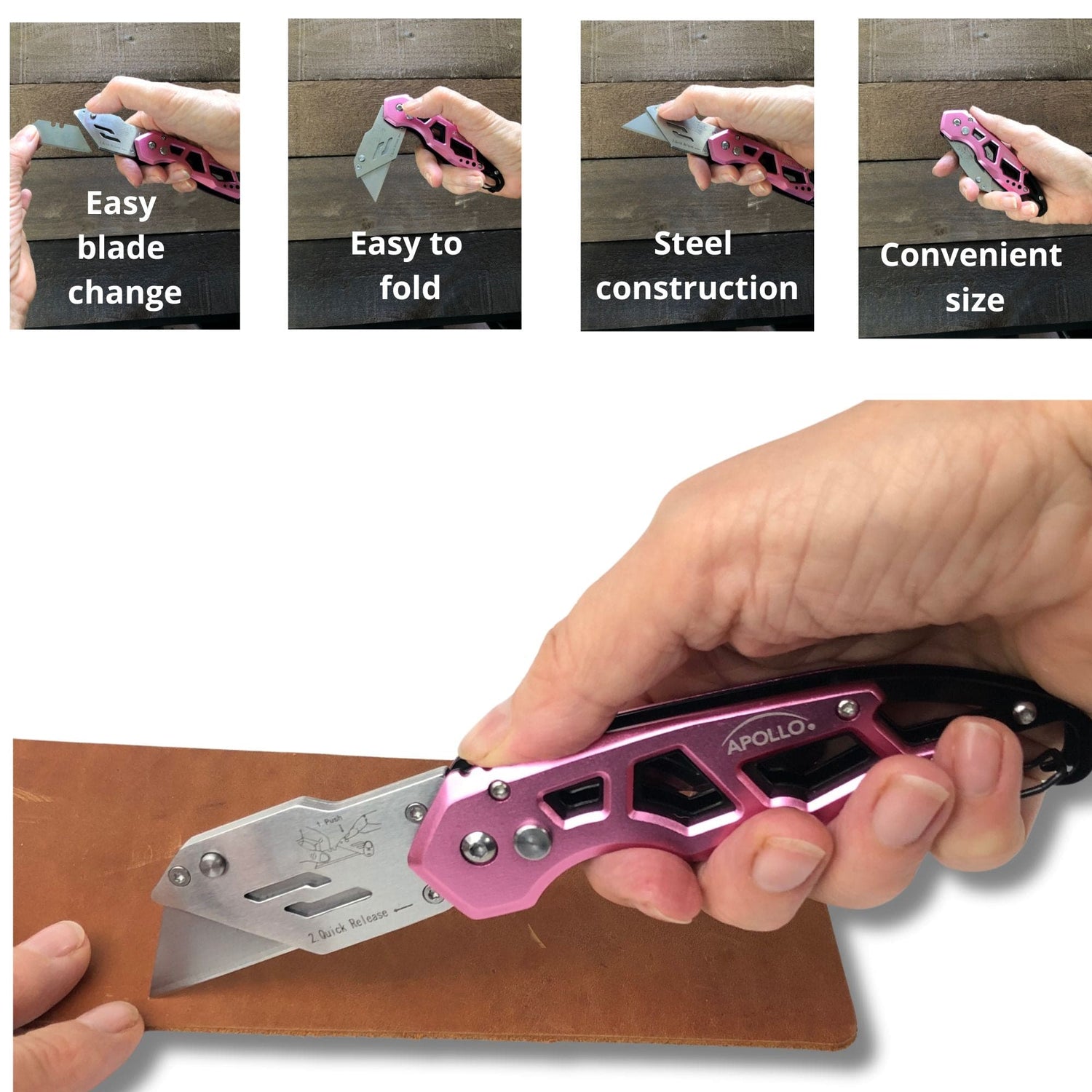 Ergonomic Stainless Steel, Lightweight, Foldable Pink Utility Knife with Carabiner Clip and Fast-Change Blade - DT5017P - Prop and Piston