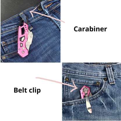 Ergonomic Stainless Steel, Lightweight, Foldable Pink Utility Knife with Carabiner Clip and Fast-Change Blade - DT5017P - Prop and Piston