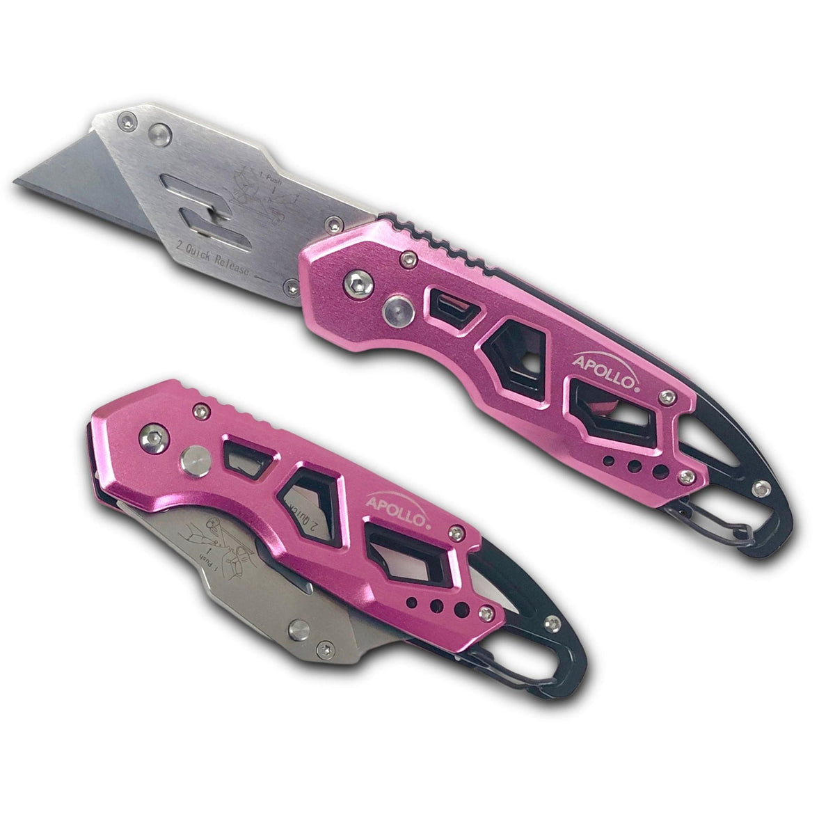 Ergonomic Stainless Steel, Lightweight, Foldable Pink Utility Knife with Carabiner Clip and Fast-Change Blade - DT5017P - Prop and Piston