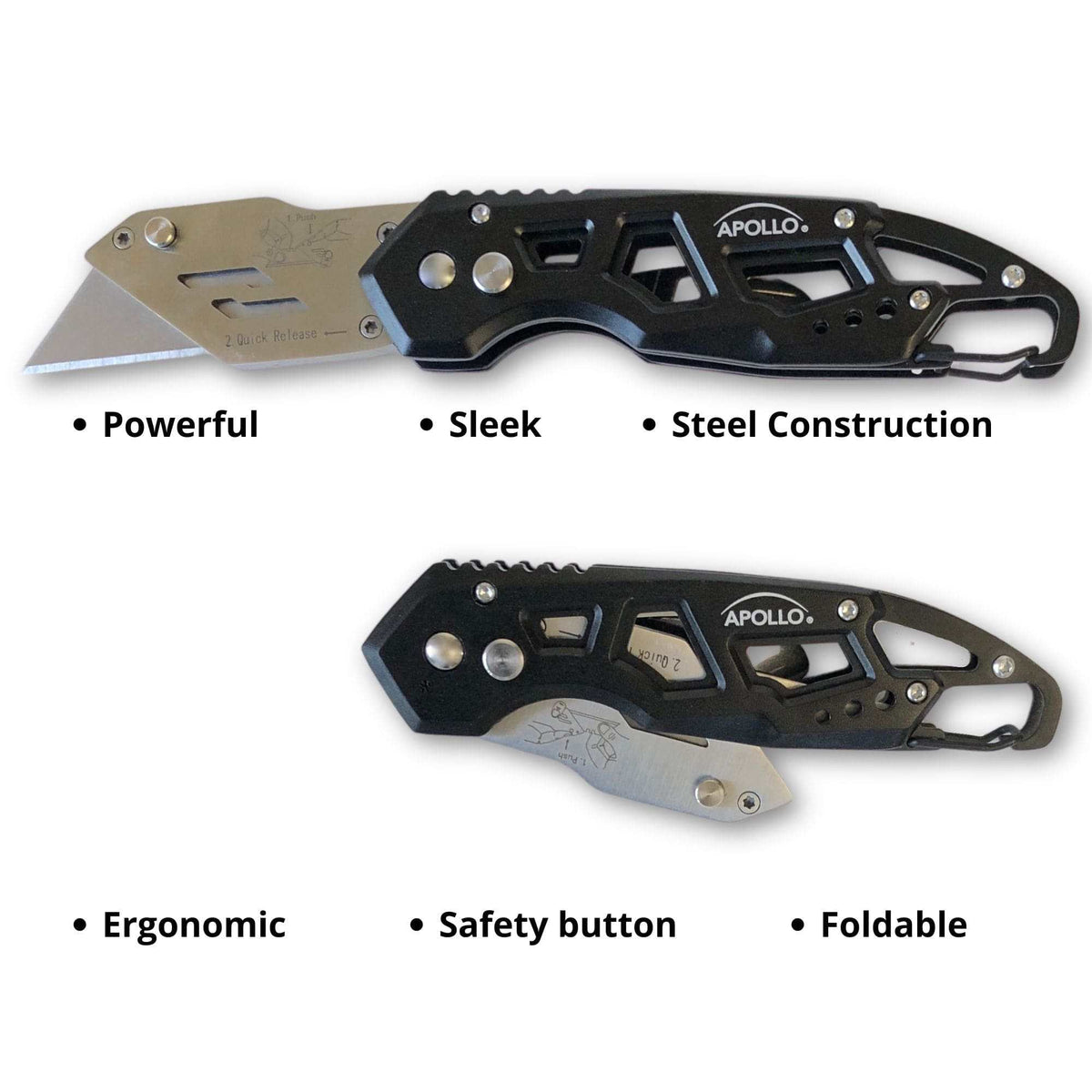 Ergonomic Stainless Steel, Lightweight, Foldable Black Utility Knife with Carabiner Clip and Fast-Change Blade - DT5017 - Prop and Piston