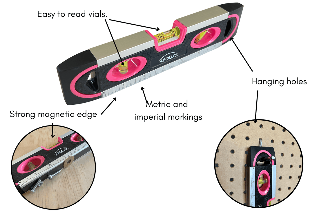 PINK 9-inch torpedo-shaped spirit level for 180/90/45 degrees leveling--  DT5019P - Prop and Piston