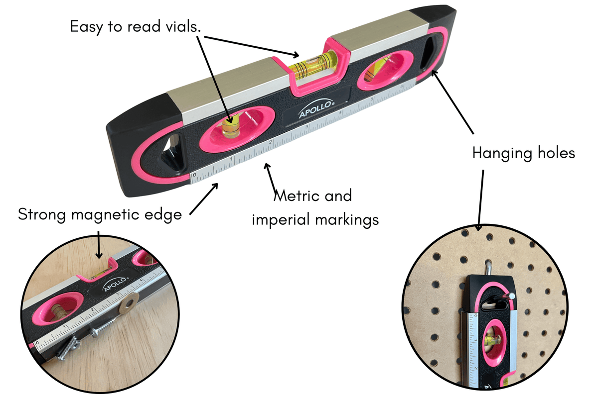 PINK 9-inch torpedo-shaped spirit level for 180/90/45 degrees leveling--  DT5019P - Prop and Piston