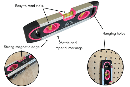 PINK 9-inch torpedo-shaped spirit level for 180/90/45 degrees leveling--  DT5019P - Prop and Piston