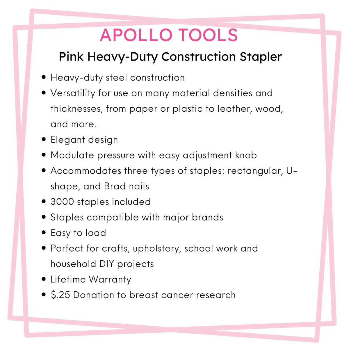 Pink Stapler with Power Adjustment Knob and 3000 Staples assortment-- DT5020P - Prop and Piston