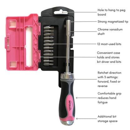 13-in-1 Ratcheting Screwdriver with Bit Set – Pink -- DT5021P - Prop and Piston