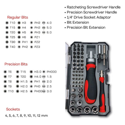 55 Piece Metric Tool Set with Ratcheting Bit Driver, Precision Bit Driver and Bit Assortment - DT5024 - Prop and Piston
