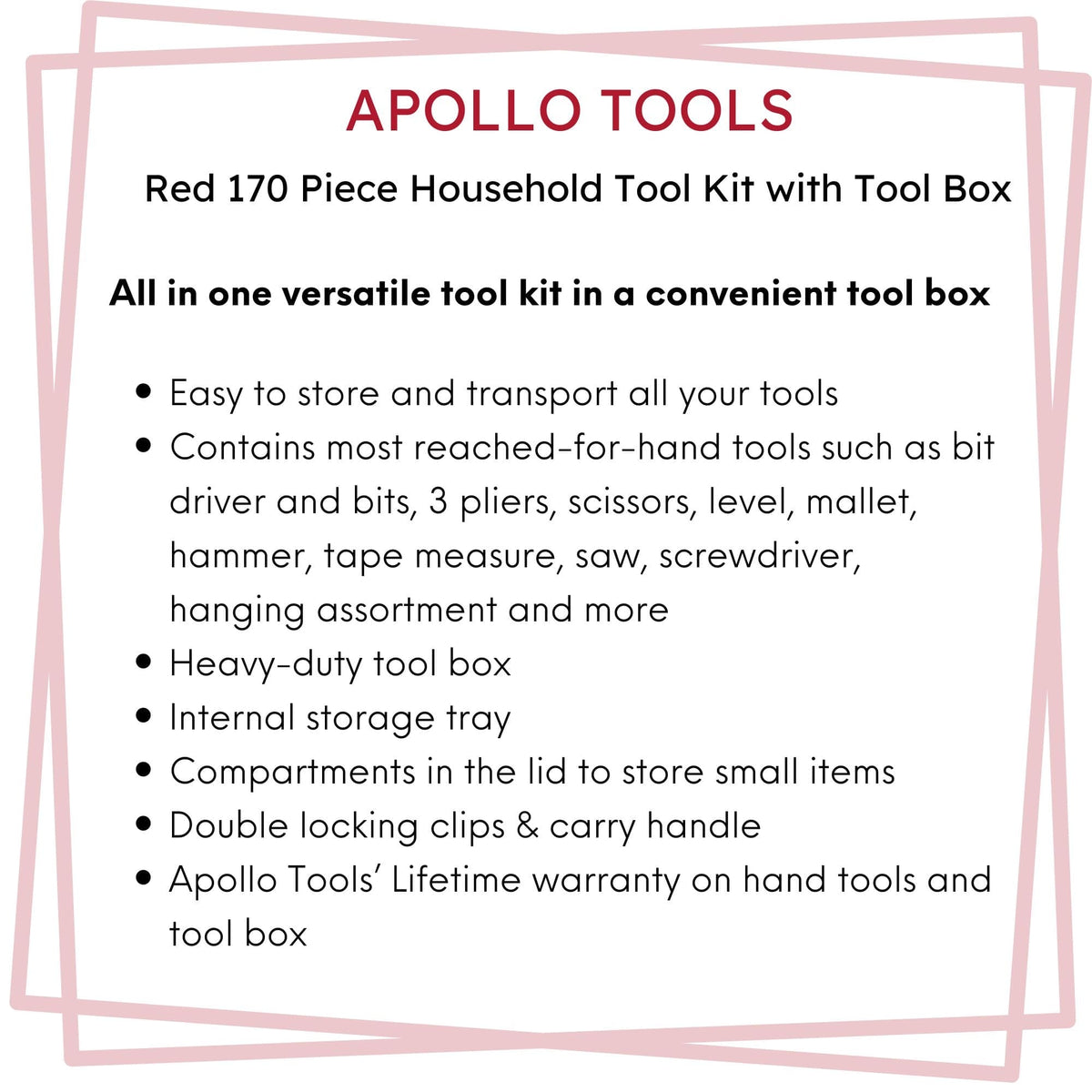 Red 170 Piece Household Tool Kit with New and Improved Tool Box - DT7103 - Prop and Piston