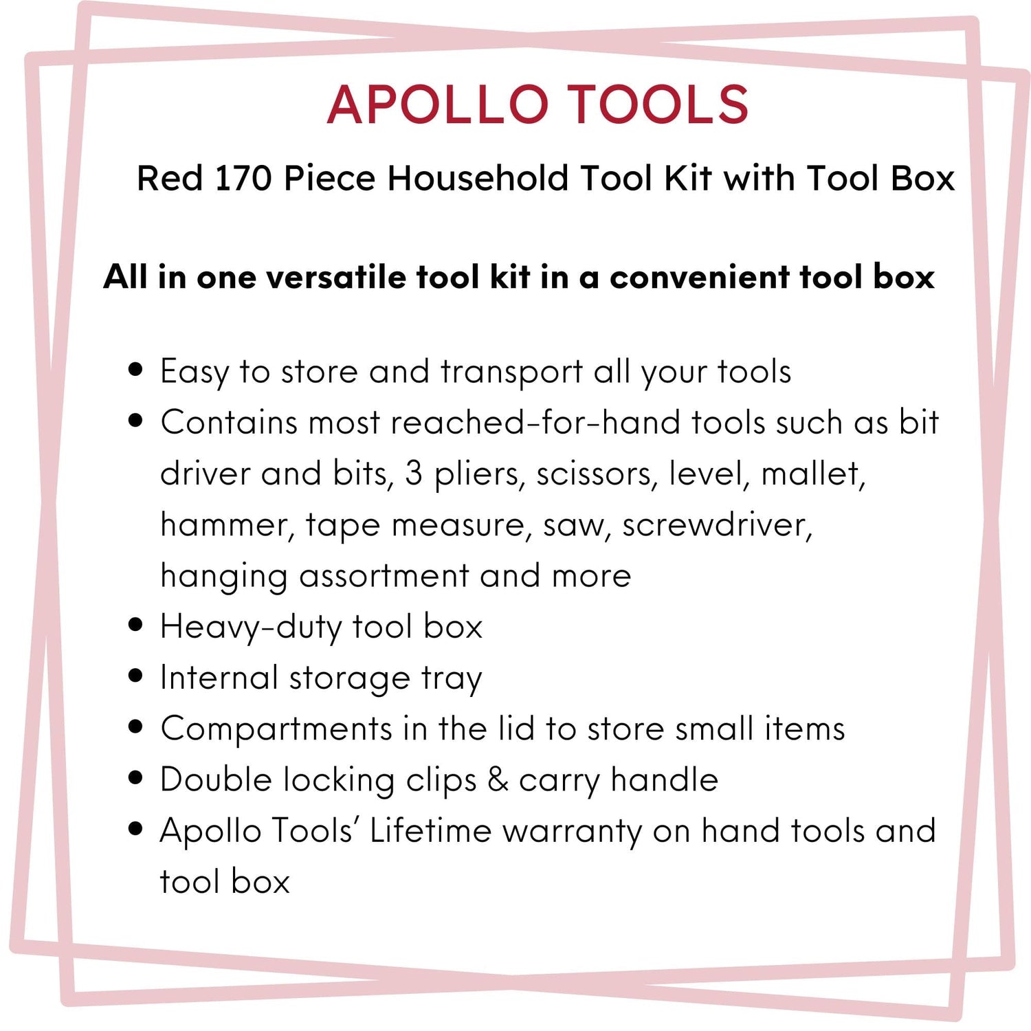 Red 170 Piece Household Tool Kit with New and Improved Tool Box - DT7103 - Prop and Piston