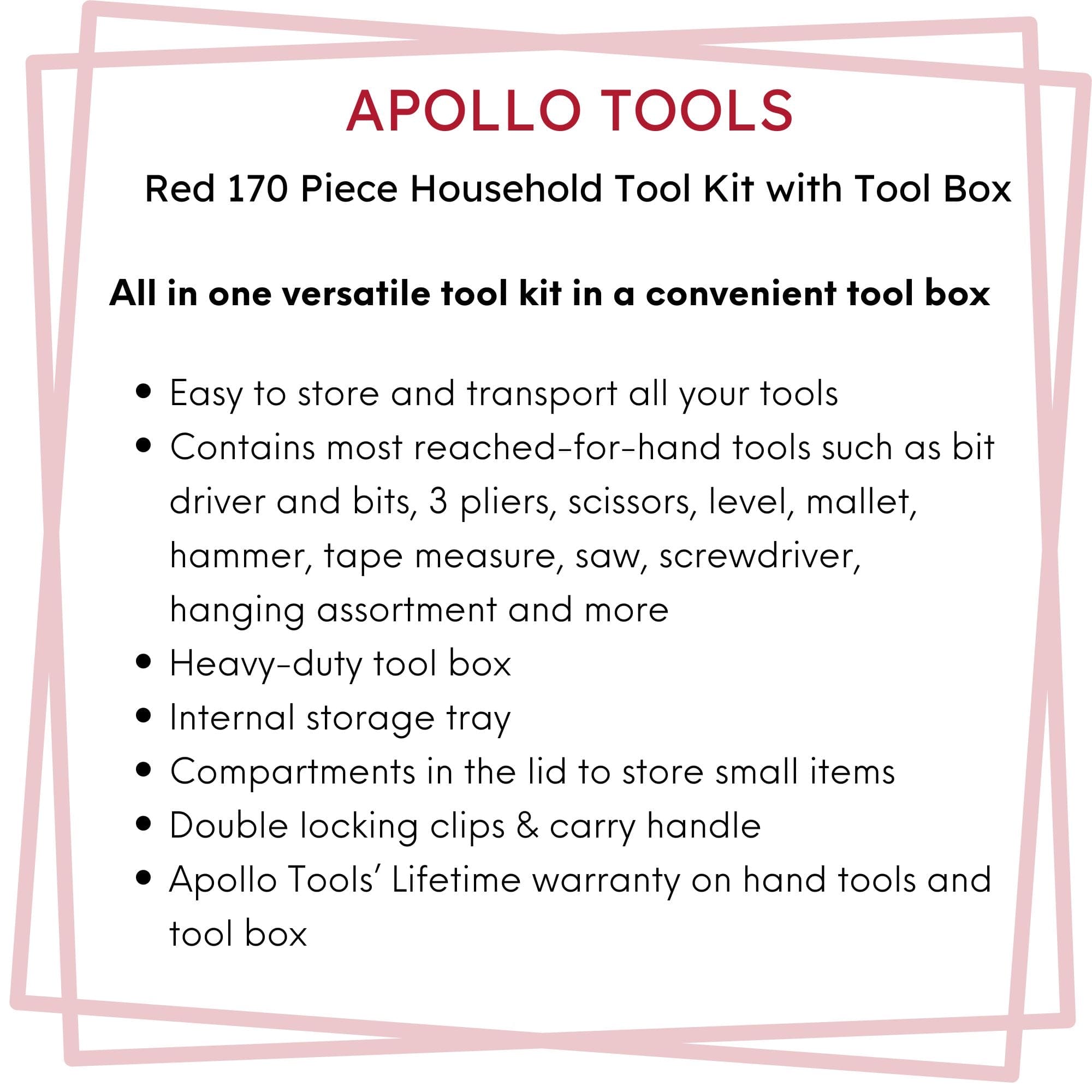 Red 170 Piece Household Tool Kit with New and Improved Tool Box - DT7103 - Prop and Piston