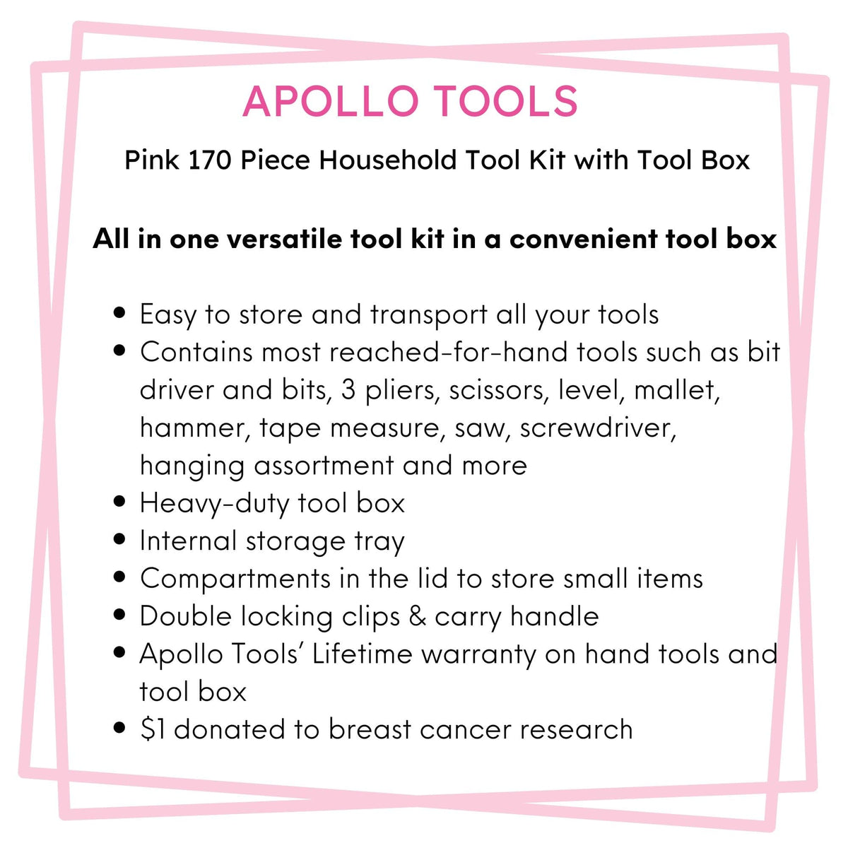 Pink 170 Piece Household Tool Kit with New and Improved Tool Box - DT7103P - Prop and Piston