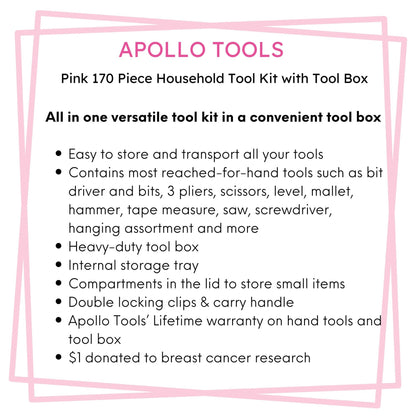 Pink 170 Piece Household Tool Kit with New and Improved Tool Box - DT7103P - Prop and Piston