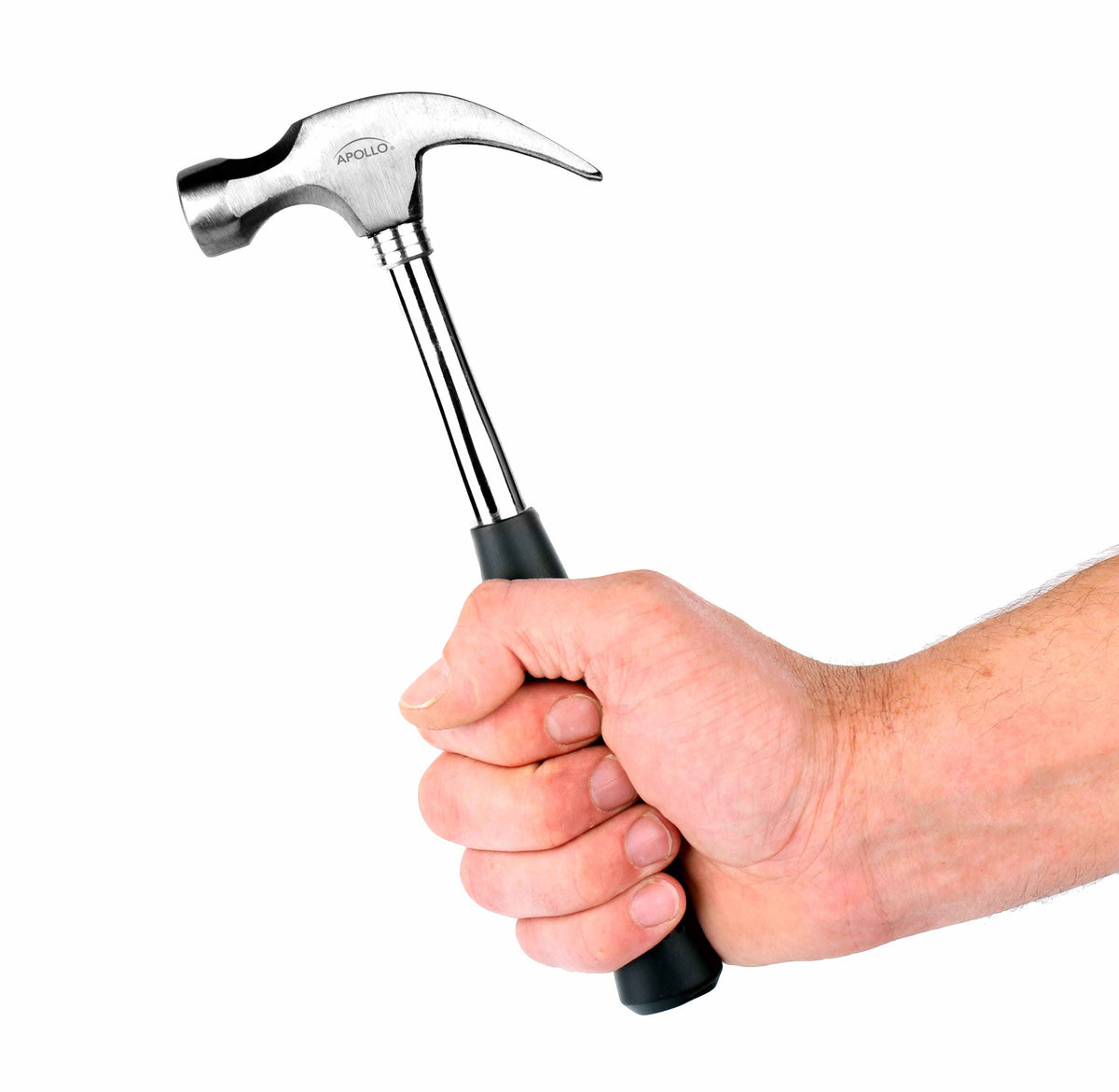Hand holding Apollo 9 oz claw hammer from 39 piece General Tool Set DT9706