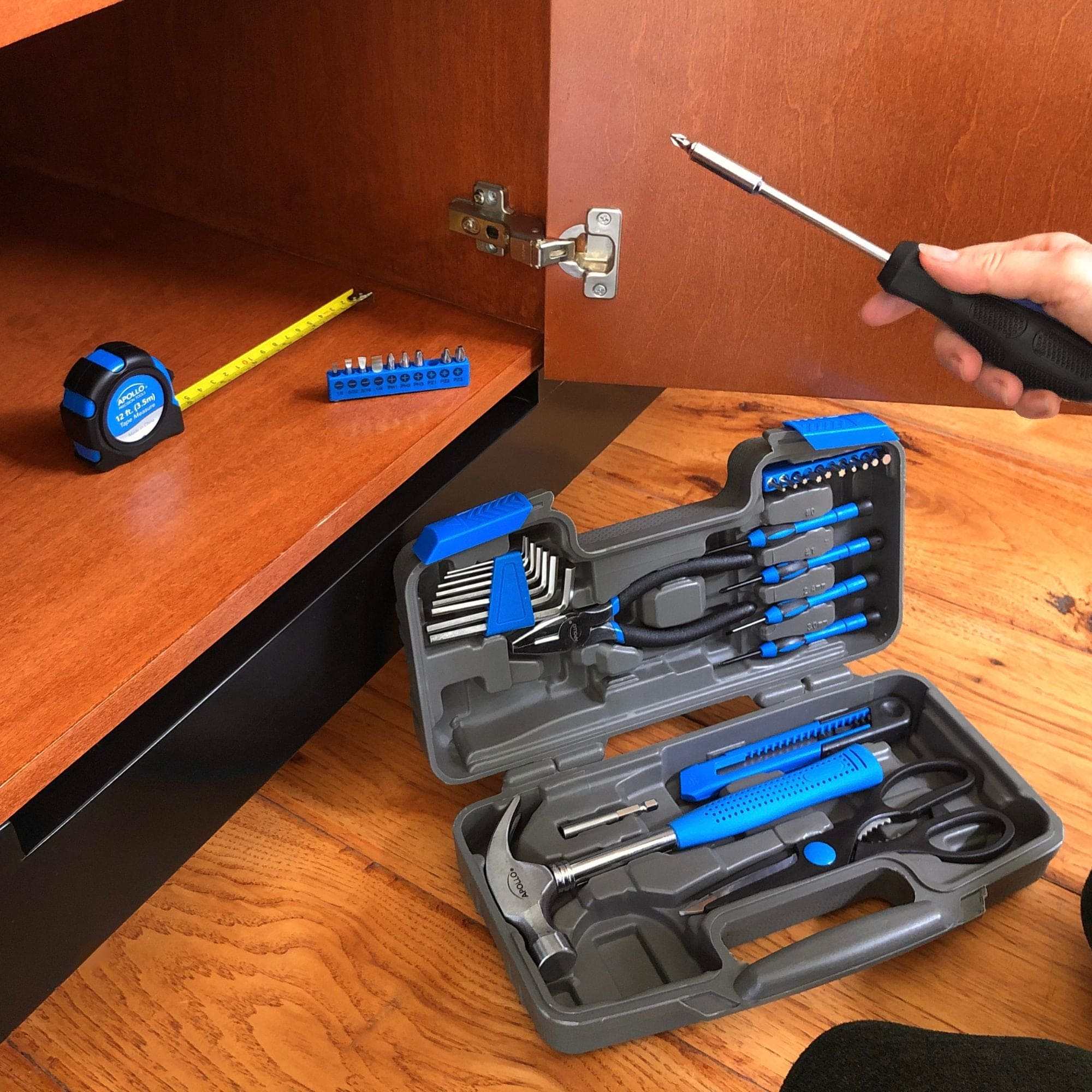 Compact 39-piece general tool kit with hammer, pliers, tape measure, screwdrivers, hex keys, and sturdy storage case