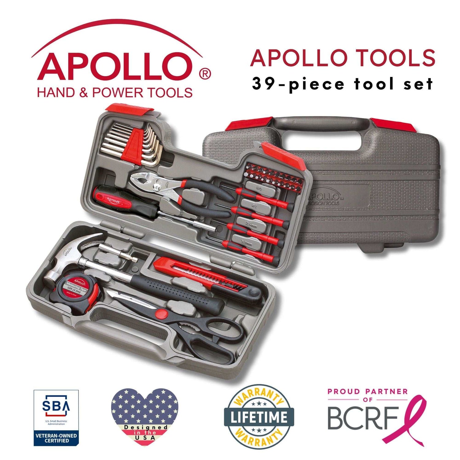 Apollo 39-piece general tool set with hammer, pliers, screwdrivers, hex keys, tape measure, and sturdy carrying case