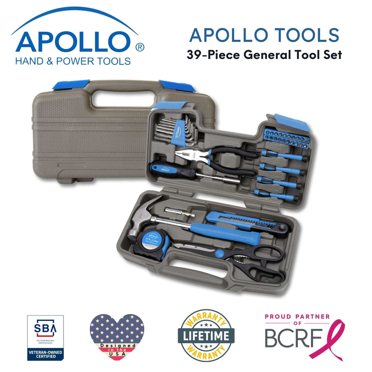 39 Piece General Tool Kit in compact case with hammer, pliers, screwdrivers, bits, tape measure, and utility knife
