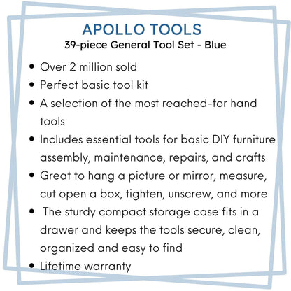 39 Piece General Tool Kit with hammer, pliers, screwdrivers, and hex keys in compact storage case
