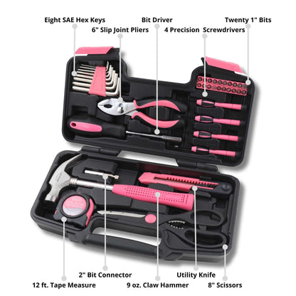39 Piece General Tool Set pink with hammer, pliers, tape measure, screwdrivers, hex keys, utility knife, scissors, and bit driver in compact case