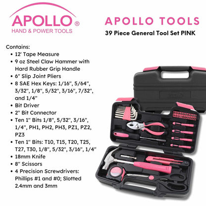 39 Piece General Tool Set pink with tape measure, claw hammer, pliers, hex keys, precision screwdrivers, scissors, and compact storage case