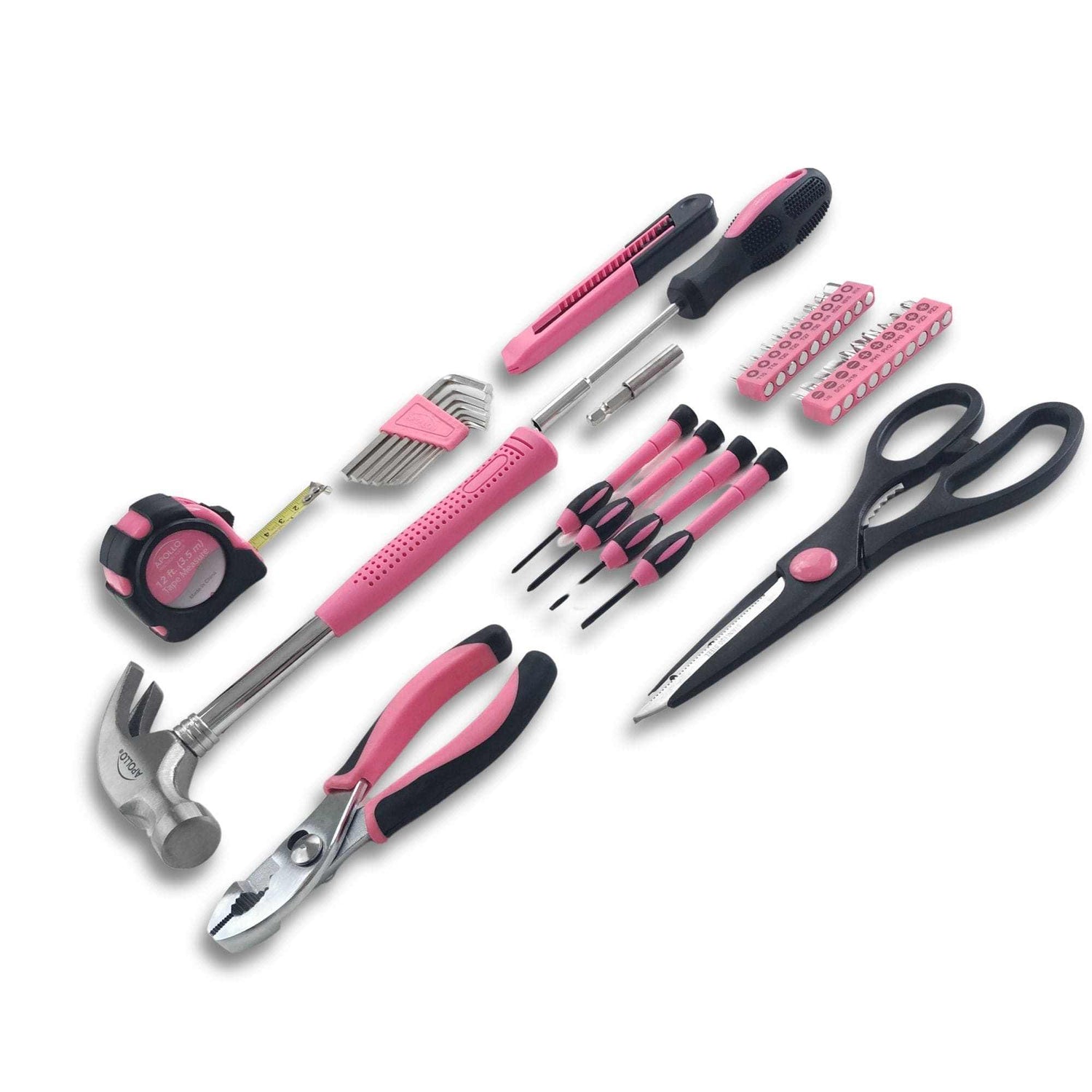 39 piece general tool set in pink with hammer, pliers, tape measure, scissors, screwdrivers, utility knife, bits, and hex keys in compact case