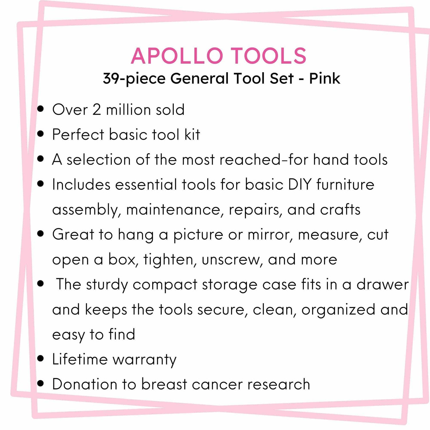 Pink 39 Piece General Tool Set by Apollo Tools with compact case and essential DIY tools for household repairs