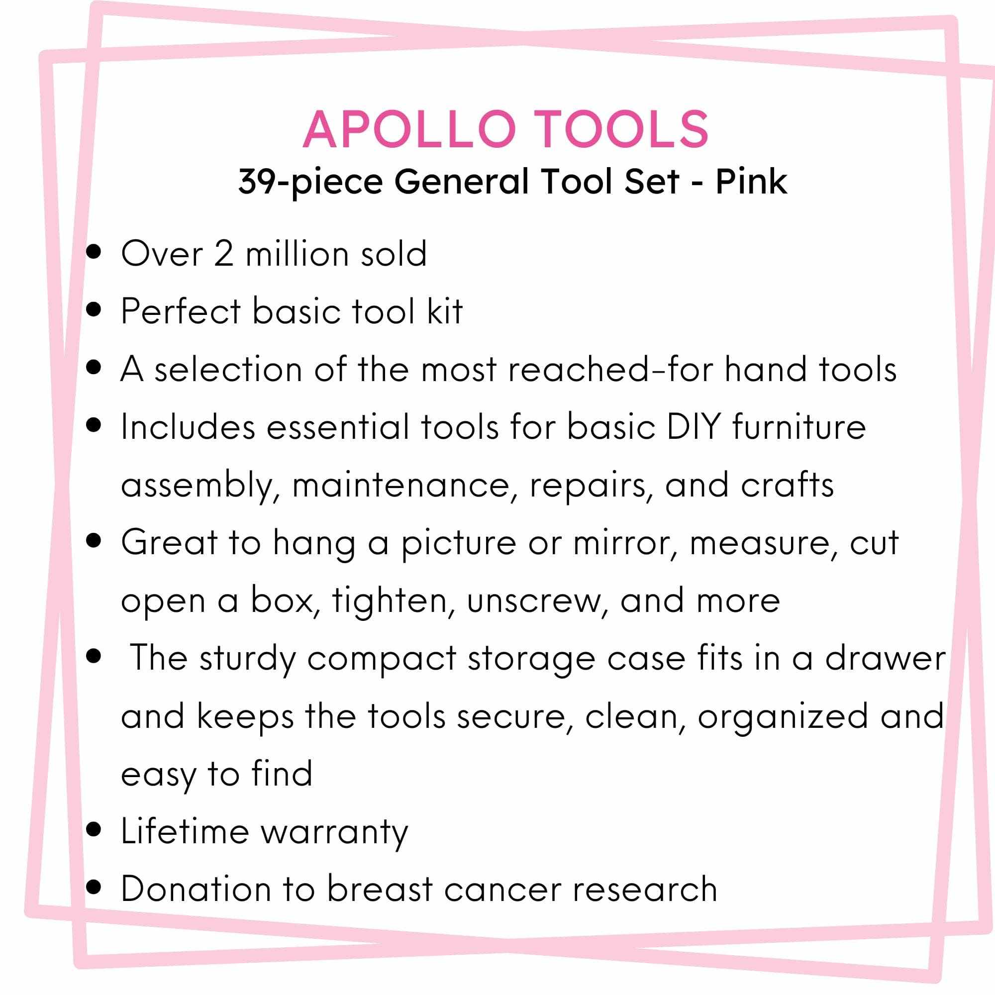 Pink 39 Piece General Tool Set by Apollo Tools with compact case and essential DIY tools for household repairs