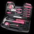39 piece general tool set with pink handles in a compact black case for household DIY repairs