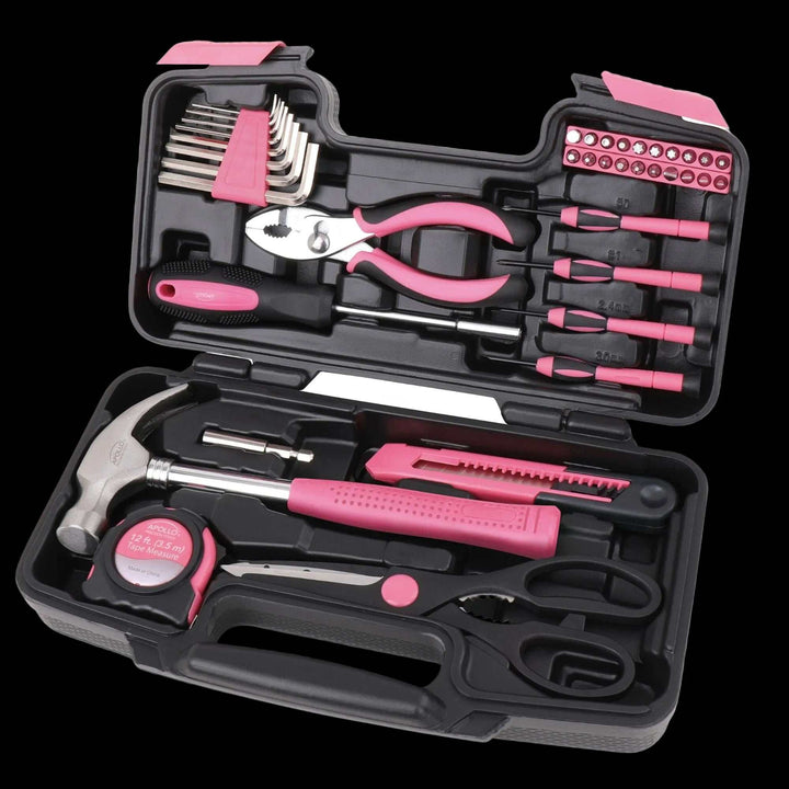 39 piece general tool set with pink handles in a compact black case for household DIY repairs