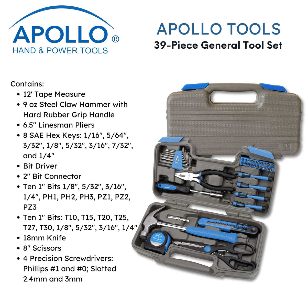 39 Piece General Tool Kit DT9706BL with hammer, pliers, screwdrivers, hex keys, and compact storage case for household repairs