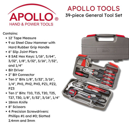 Apollo Tools 39-piece General Tool Set with tape measure, hammer, pliers, hex keys, bit driver, knife, scissors, and precision screwdrivers in a compact case