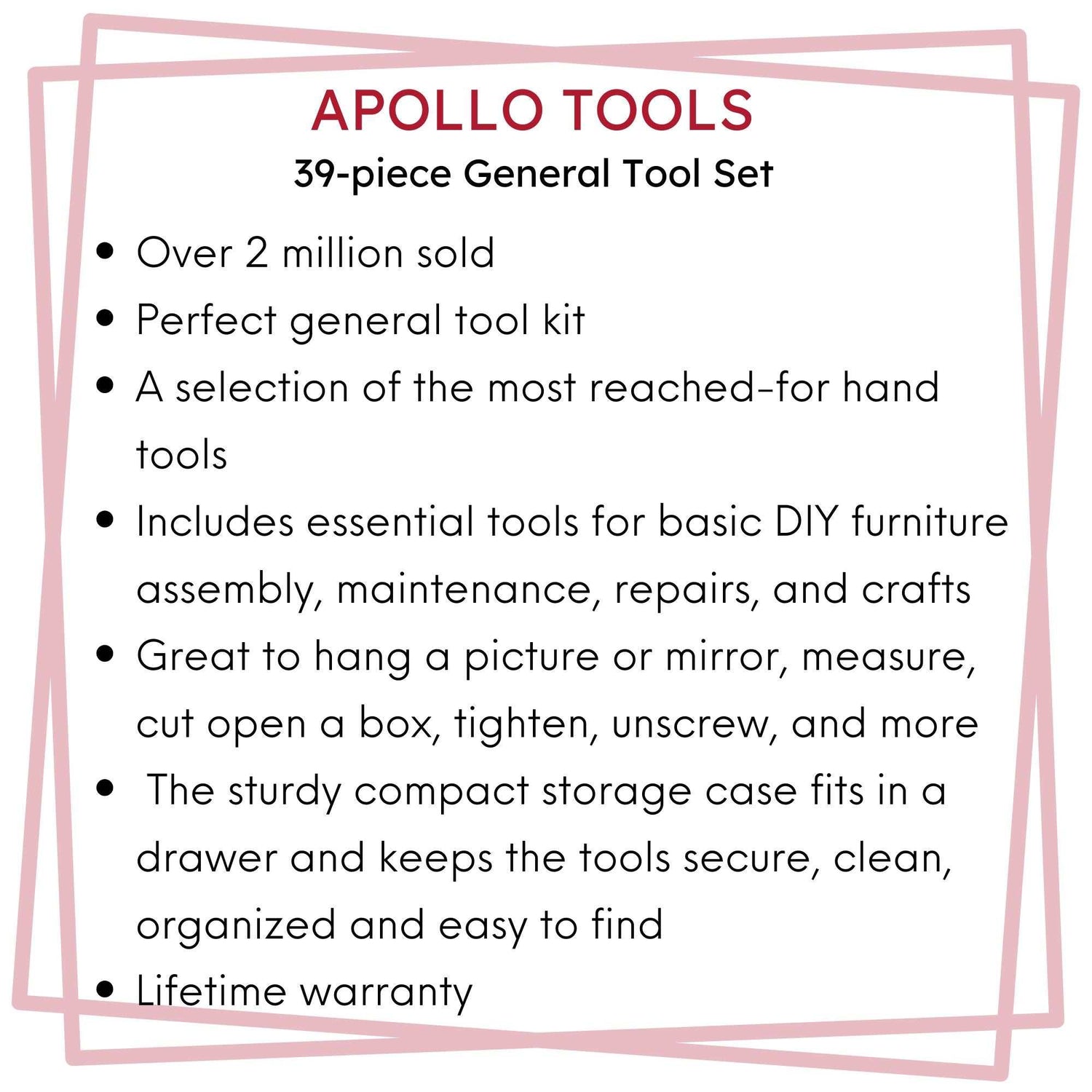Compact 39-piece general tool set with hammer, pliers, tape measure, screwdriver bits, and storage case for DIY household repairs.