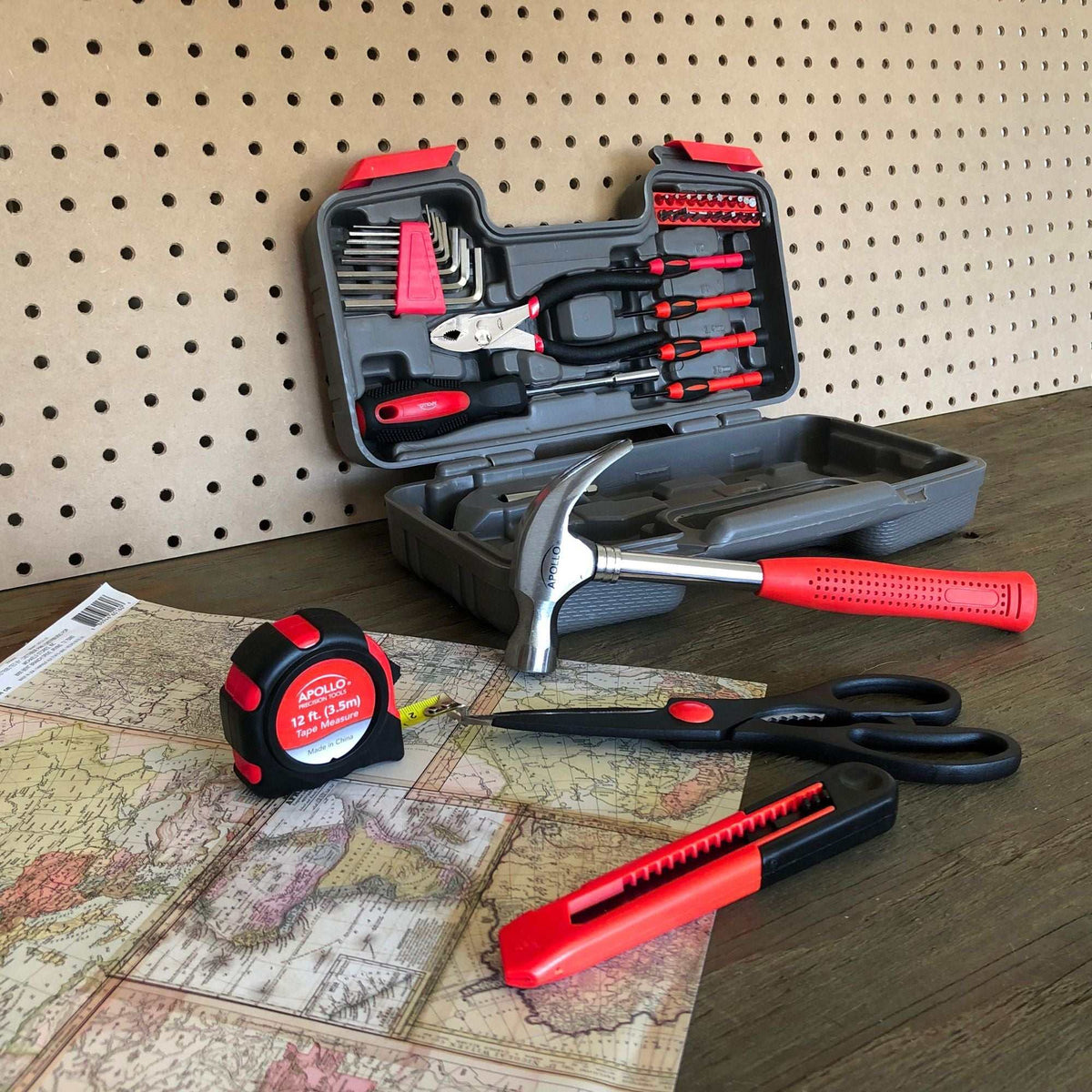 39 piece general tool set with hammer, tape measure, scissors, and utility knife in compact case