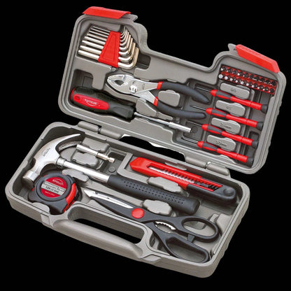 Compact 39-piece general tool set with hammer, pliers, screwdrivers, tape measure, utility knife, hex keys, and scissors in sturdy storage case