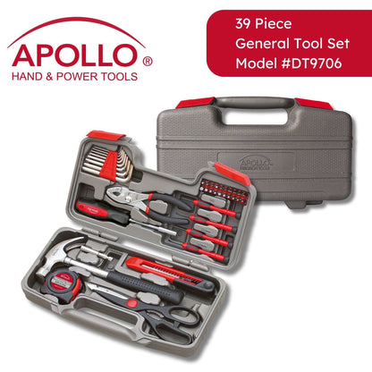 39 piece Apollo general tool set with hammer, pliers, screwdrivers, hex keys, tape measure, scissors in compact case