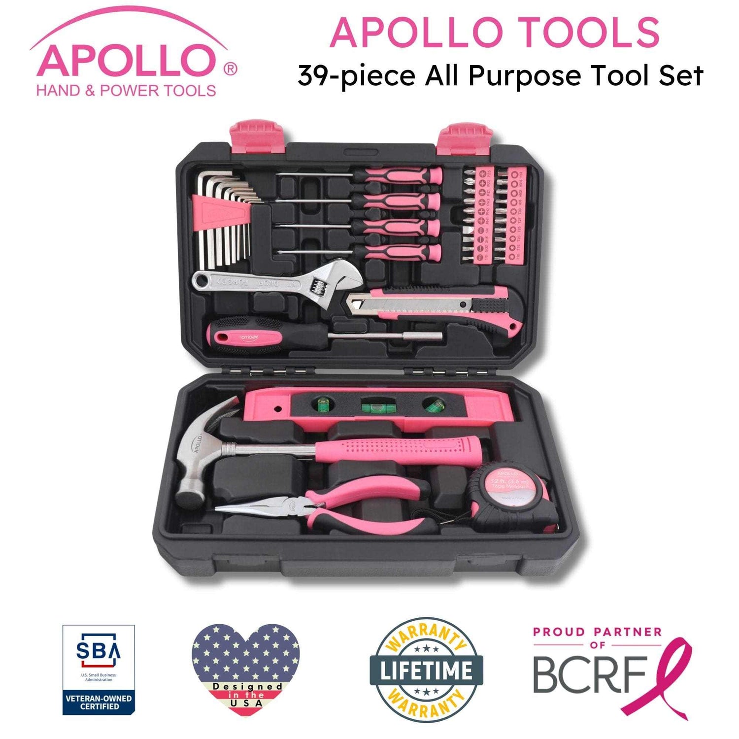 Apollo Tools pink 39-piece general tool set in black storage case for DIY home repairs