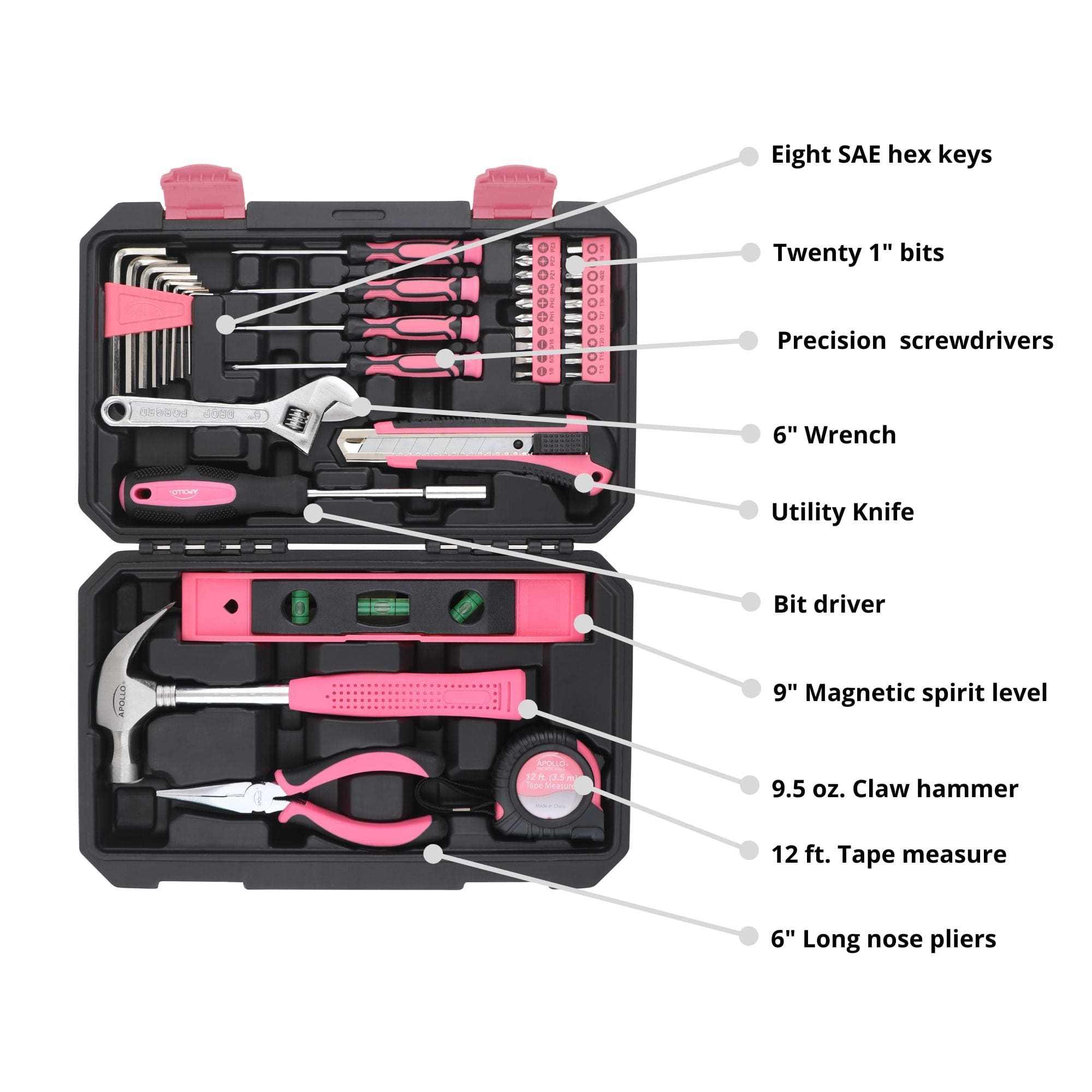 Pink tool set with 39 pieces including hammer, wrench, pliers, screwdrivers, bits, tape measure, and magnetic level in a black storage case