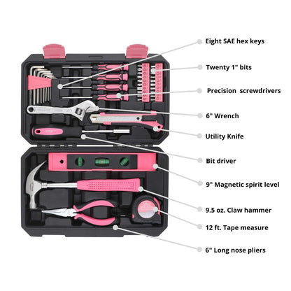 Pink tool set with 39 pieces including hammer, wrench, pliers, screwdrivers, bits, tape measure, and magnetic level in a black storage case