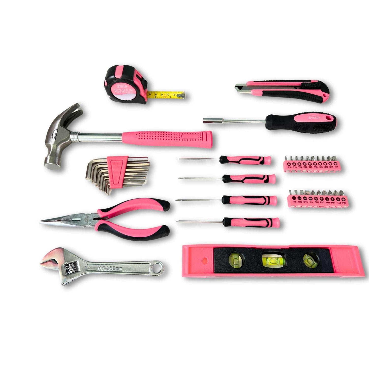 Pink Tool Set with hammer, tape measure, wrenches, pliers, screwdrivers, bits, cutter, and level in storage case